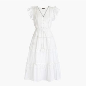 J. Crew white midi tiered pom pom dress